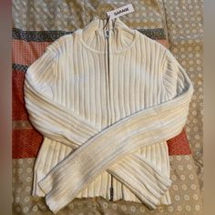 Brand: Garage Size: Medium Condition: Brand New With Tags, Never Worn Ribbed Fitted Cotton Outerwear, White Fitted Crew Neck Outerwear, White Garage, Thrift Board, Tan Knit Sweater, Grey Knit Cardigan, Cream Cardigan, Cardigan Crop, Open Knit Cardigan