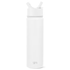 a white insulated water bottle with the lid open and straw sticking out, on a white background