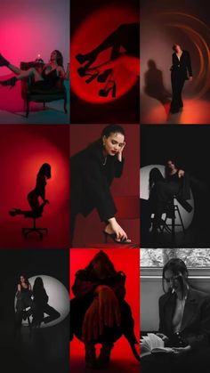 a collage of different images with one woman sitting in a chair