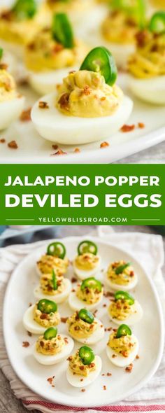 jalapeno popper deviled eggs on a white plate