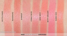 Light Spring Lipstick, Mac Coral Bliss, Warm Spring Makeup, Summer Lipstick Colors, Jane March, Mac Lipstick Collection, Light Spring Palette, Spring Lipstick, Mac Lipstick Swatches