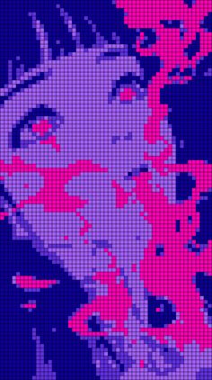 an image of a woman's face in pink and purple pixellated pattern on a blue background