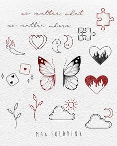 the back side of a piece of paper with different designs on it, including butterflies and hearts