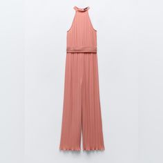 Nwt Pink Blush Jumpsuit From Zara Pleated Halter Neck And Wide Leg Trouser, Pants Size: Small, Runs Big Has Wide Legs And Since It’s Pleated Has A Lot Of Flexibility To Stretch On Bottom And Top. Size: Small And Has A Relaxed Fit On The Bottom. Pit To Pit: 16” And Up If Needed, Pleats Can Expand Extra Inches. Waist: Stretches Up To 31” Max Inseam: 27” Rise: High 12” Full Length Falls Over Shoes Depending On Heights. Zip Closure On Back And Is Dry Clean Only. Zara Solid Jumpsuits And Rompers For Spring, Zara Jumpsuits And Rompers For Spring, Elegant Zara Jumpsuits And Rompers, Spring Stretch Jumpsuits And Rompers By Zara, Blush Jumpsuit, Halter Neck Jumpsuit, Halter Jumpsuit, Pink Blush, Zara Pants