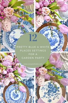 blue and white plates with pink flowers on them are arranged in four different ways to decorate the table