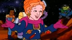 an animated image of a woman in space with other cartoon characters around her, including aliens