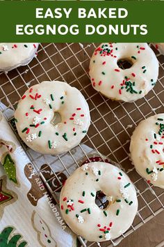 homemade eggnog donuts with white frosting and sprinkles on a cooling rack