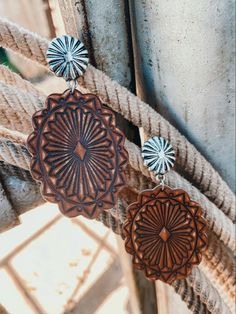 Western Fashion - Tooled Earrings - Cowgirl Jewelry Concho Dangle Earrings For Gift, Bohemian Concho Earrings As Gift, Brown Bohemian Concho Earrings, Brown Dangle Flower Earrings For Pierced Ears, Traditional Concho Earrings As Gift, Traditional Concho Earrings For Gift, Elegant Concho Earrings For Gift, Southwestern Brown Concho Earrings, Southwestern Style Brown Concho Earrings