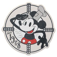 a mickey mouse clock with the time on it's face and hands in black and white