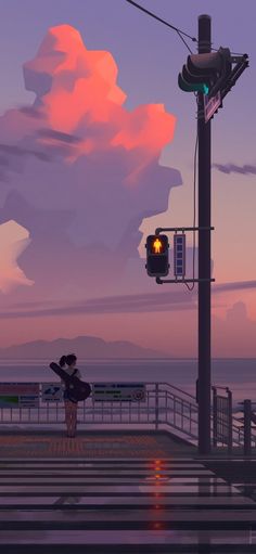 a person standing on a pier next to a traffic light and clouds in the sky