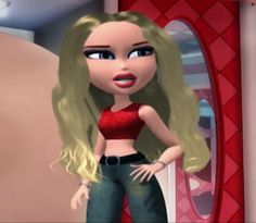 an animated image of a woman with blonde hair and blue eyes in a red top