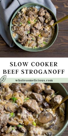 slow cooker beef stroganonoff in a green bowl