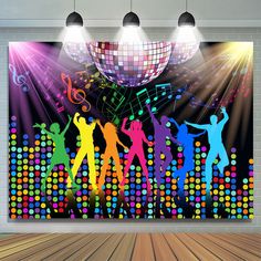 an image of disco dancers on stage with lights and music notes wall mural decal