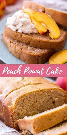 this peach pound cake is made with fresh peaches and topped with whipped cream it's so delicious