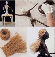 four different images of hair being braided and placed on top of a table with a chair in the background