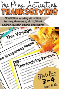 three thanksgiving activities for the classroom to practice reading and writing with pumpkins, leaves, and