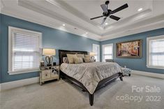 a bedroom with blue walls and carpeted flooring has a large bed in the middle