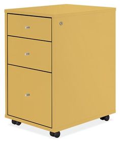 a yellow filing cabinet with three drawers