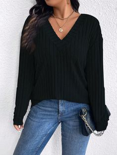 Plus Size Solid V-Neck Long Sleeve Minimalist Sweatshirt, Casual Daily Wear Black Casual  Long Sleeve Knitted Fabric Plain Pullovers Slight Stretch  Women Plus Clothing, size features are:Bust: ,Length: ,Sleeve Length: Oversized V-neck Solid Color Sweater, Solid Ribbed V-neck Knit Top, Casual Solid Stretch V-neck Sweater, Stretch V-neck Sweater With Ribbed Neckline, V-neck Ribbed Sweater For Layering, Cotton V-neck Sweater With Ribbed Neckline, Black Ribbed V-neck Long Sleeve Sweater, Oversized V-neck Sweater In Solid Color, Black Sweater For Spring