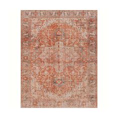 an orange and blue area rug with ornate designs on the bottom, in front of a white background