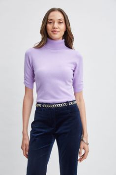 Our Luxe Cashmere Blend Turtleneck Sweater is undeniably soft to the touch and so versatile. The ruching sleeve detail gives it a designer twist - perfect for wearing on its own or layering it for cooler days. Elie Tahari Exclusive Short Sleeve Turtleneck Cashmere Sweater 70% Merino; 30% Cashmere Runs true to Size Model is 5'9" and wearing size S Length From Shoulder to Hem: Back 23.5"L , Sleeve: 10.5"L (approx. length for size S) Dry Clean Only Imported Style #: ER54X504 Short Sleeve Turtleneck, Long Sleeve Short Dress, Elie Tahari, Cashmere Wool, Knit Tees, Denim Coat, Knit Jacket, Cardigan Jacket, Sweater Coats