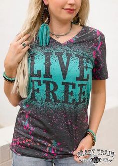 Live free and be yourself! This colorful V neck top is ready to rock your day with you! Spring Tees, Southern Fashion, Western Chic, Live Free, Petite Outfits, Casual Fall Outfits