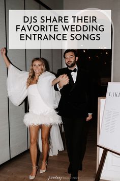 a man and woman in tuxedos are walking down the aisle with text overlay that reads dis share their favorite wedding entrance songs