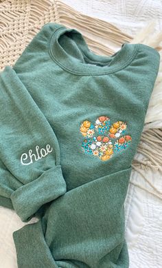 Floral Embroidered Fall Sweatshirt Custom Autumn Crewneck W - Etsy Green Letter Embroidery Sweatshirt For Fall, Green Sweatshirt With Letter Embroidery For Fall, Green Long Sleeve T-shirt With Custom Embroidery, Green Embroidered Long Sleeve T-shirt, Fall Long Sleeve T-shirt With Machine Embroidery, Long Sleeve T-shirt With Machine Embroidery For Fall, Green Long Sleeve T-shirt With Embroidered Logo, Fall Crew Neck Sweatshirt With Machine Embroidery, Green Long Sleeve Sweatshirt With Custom Embroidery