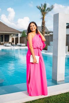 Hot pink one shoulder flowy cinched waist maxi dress Resort Maxi Dress, One Shoulder Bridesmaid Dresses, One Shoulder Bridesmaid, Off Shoulder Maxi Dress, Pink Outfits, Resort Wear, One Shoulder Formal Dress, One Shoulder Dress, Hot Pink