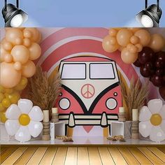 an image of a vw bus with balloons and flowers