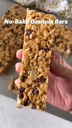 no - bake granola bars with chocolate chips and oats in the middle