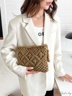 BirdinBag - Crochet Bag with Elegant Tassel Embellishment Trendy Rectangular Crochet Bag With Tassels, Beige Macrame Shoulder Bag, Bohemian Clutch Bag With Tassels, Bohemian Tassel Clutch Bag, Rectangular Crochet Bag With Tassels, Brown Macrame Bags For Travel, Beige Macrame Straw Bag, Chic Macrame Bag For Daily Use, Rectangular Macrame Bag