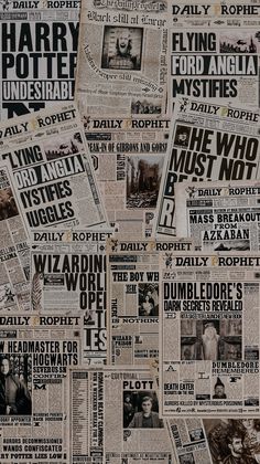 many newspapers are stacked on top of each other with black and white images in them