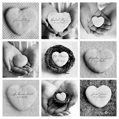 black and white pictures of heart shaped cookies with handwritten names on them, including two hands holding a bird's nest