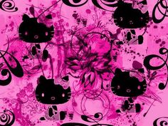 a pink background with black cats and swirls