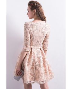 Buy modest champagne lace short homecoming dress round neck with sleeves at wholesale price online. Free shipping and pro custom service since 2009. Delicate Gown, Elegant Mini Dress, Standard Dress, Short Homecoming Dress, Lace Short, Lovely Dresses, Lace Back, Homecoming Dress, Formal Wear