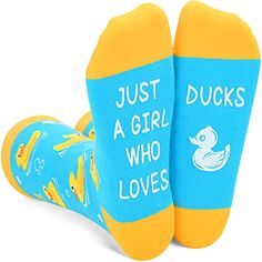 DUCK SOCKSDuck socks for women, duck socks for girls. Go for that squeaky clean look with these fun and colorful rubber ducky socks for women! Socks funny sayings for women " JUST A GIRL WHO LOVES DUCKS", bubblets and grippers on socks, they're bright, colorful accents and you are sure to be noticed.SIZE & PACKINGYellow ducks socks. Animal socks for women. Fits for women shoe size 6-10; socks size 8-12. 1 pair comes in each plastic zippered bag.QUALITY MATERIALWe use 80% Cotton, 17% Polyamid Duck Clothing, Duck Things, Duck Socks, Ducks Swimming, Duck Stuff, Horse Socks, Cow Socks, Fox Socks, Socks Gifts