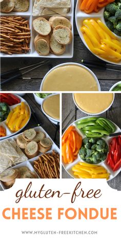 a collage of photos showing different types of cheese fondue and other food items