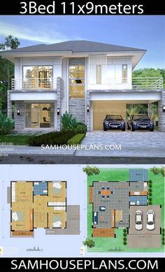 two story house plan with 3 beds and 1 5 meters from the front, 2 car garage