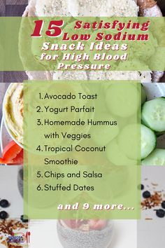 the top five healthy snacks for high blood pressure are shown in this image with text overlay