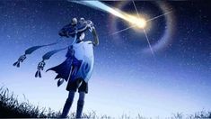 an animated image of a woman flying through the sky with a star in her hand