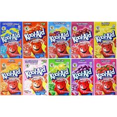 kool aid packets are lined up in rows