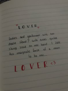 an open notebook with the words lover written on it