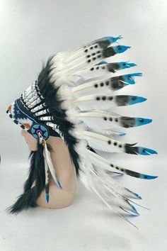 Indian style headdress short lenght for infants 0 to 9 months 41 cm/ 16.14 inchs hat Traditional Fitted Blue Hat, White Bohemian Fitted Hat, White Fitted Bohemian Hat, Native American Wedding, Leather Fringe Bag, Indian Headdress, Boho Handbags, Red Feather, Indian Head