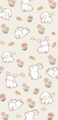 an image of rabbits and flowers on a beige background