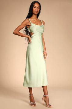 Sage Green Midi Dress - Satin Tie-Back Dress - Cowl Neck Dress - Lulus Spring Draped Satin Midi Dress, Cutout Midi Dress, Sage Green Bridesmaid Dress, Sage Green Dress, Going Out Dress, Satin Evening Dresses, Green Dresses, Green Bridesmaid Dresses, Cowl Neck Dress