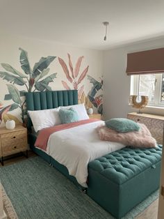 Show home bedroom designed around hovia mural . Bespoke bed and ottoman. Teal Pink White Gold Bedroom, Grey Comforter Bedroom, Teal Girls Room, White Gold Bedroom, Apartment Shopping, Blush Bedroom, House Flipper