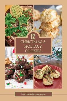 twelve christmas and holiday cookies with text overlay