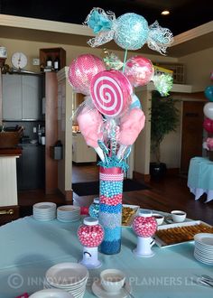 a candy themed party with pink and blue decorations