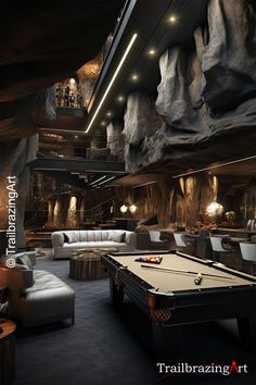 a billiard table and couches in a room with rocks on the walls,